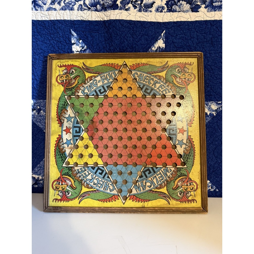 King-Foo Checkee Board 1938 Straits. Chinese Checkers RARE. Antique game toy.